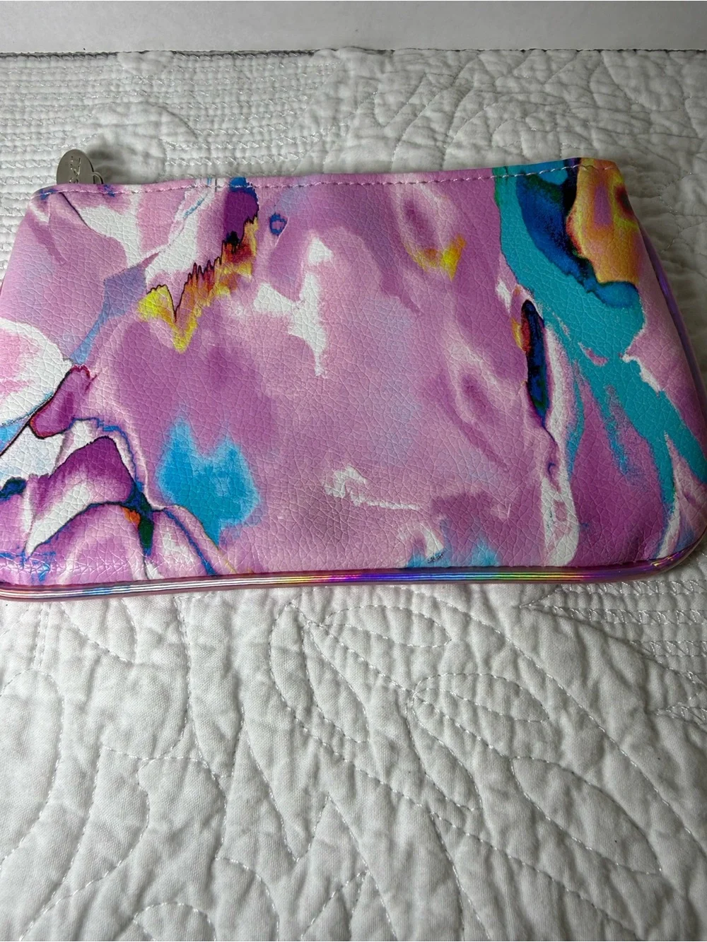 ipsy Pink Marble Cosmetic Pouch with Blue & Yellow Accents